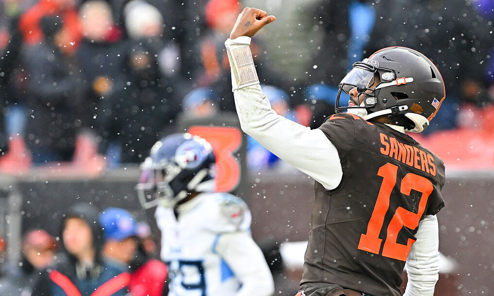 CLEVELAND, OHIO - DECEMBER 07: Shedeur Sanders #12 of the Cleveland Browns celerbates a second quar...