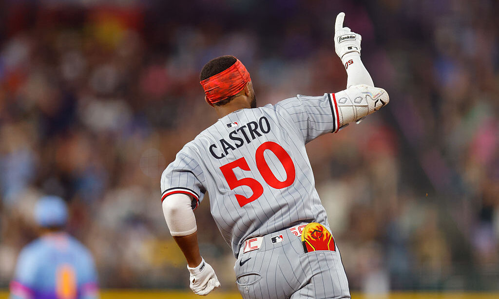 DENVER, CO - JULY 18: Willi Castro #50 of the Minnesota Twins celebrates after hitting a three run ...