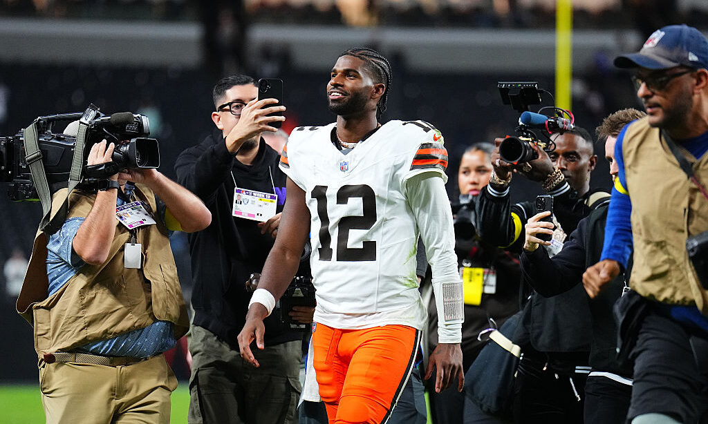 LAS VEGAS, NEVADA - NOVEMBER 23: Shedeur Sanders #12 of the Cleveland Browns reacts after the game ...