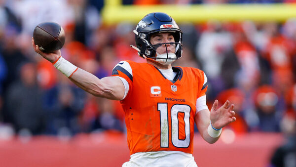 DENVER, COLORADO - JANUARY 17: Bo Nix #10 of the Denver Broncos throws a pass against the Buffalo Bills during the second quarter in the AFC Divisional Playoff game at Empower Field At Mile High on January 17, 2026 in Denver, Colorado.