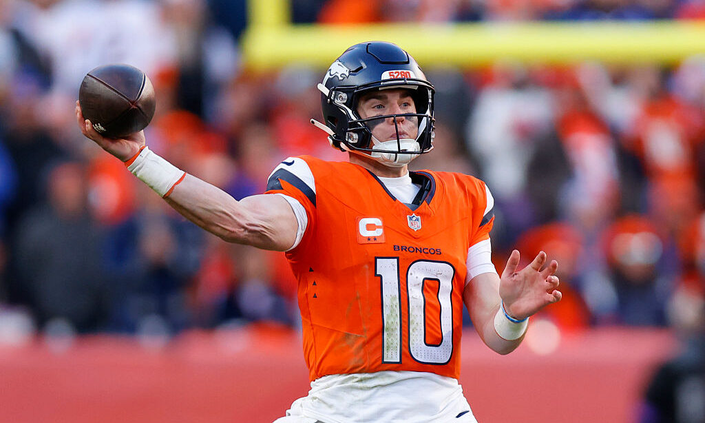 DENVER, COLORADO - JANUARY 17: Bo Nix #10 of the Denver Broncos throws a pass against the Buffalo Bills during the second quarter in the AFC Divisional Playoff game at Empower Field At Mile High on January 17, 2026 in Denver, Colorado.