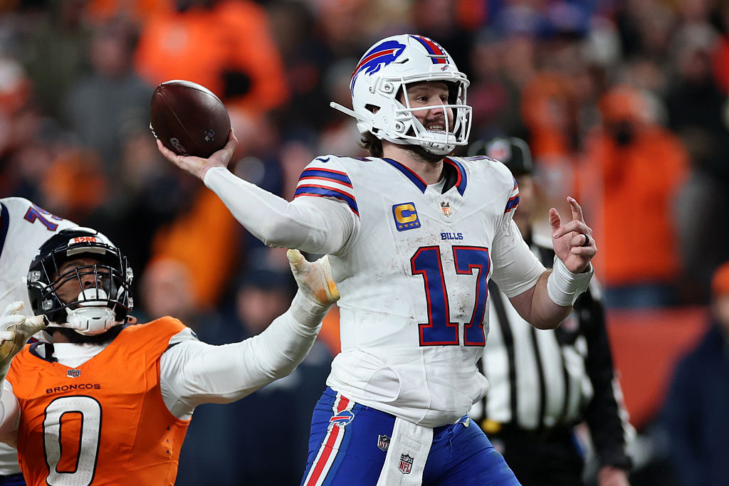 DENVER, COLORADO - JANUARY 17: Josh Allen #17 of the Buffalo Bills throws a pass against the Denver...