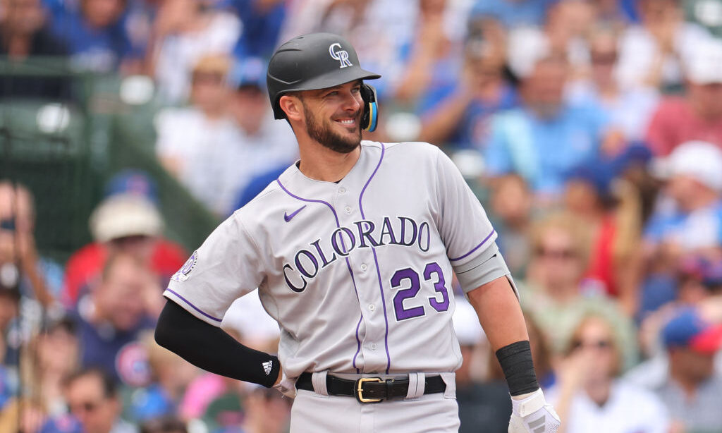 CHICAGO, ILLINOIS - SEPTEMBER 22: Kris Bryant #23 of the Colorado Rockies acknowledges the crowd as...