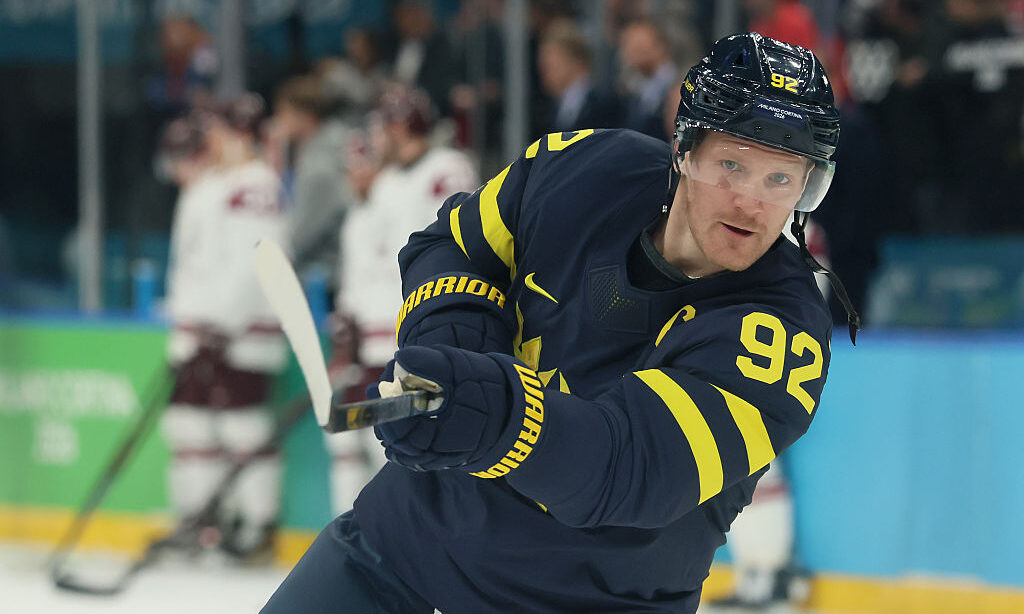 MILAN, ITALY - FEBRUARY 17: Gabriel Landeskog #92 of Team Sweden warms up prior to the Men's Qualif...