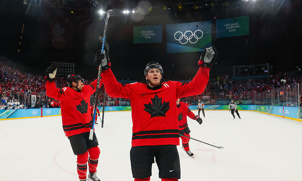 MILAN, ITALY - FEBRUARY 20: Nathan MacKinnon #29 of Team Canada celebrates scoring a goal in the th...