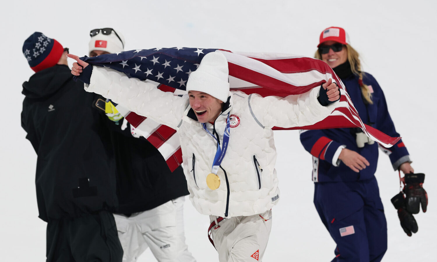LIVIGNO, ITALY - FEBRUARY 20: Gold medalist Alex Ferreira of Team United States celebrates after th...