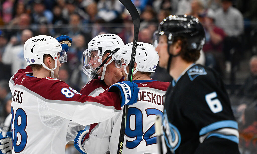 SALT LAKE CITY, UTAH - FEBRUARY 25: Brock Nelson #11 of the Colorado Avalanche celebrates a goal wi...