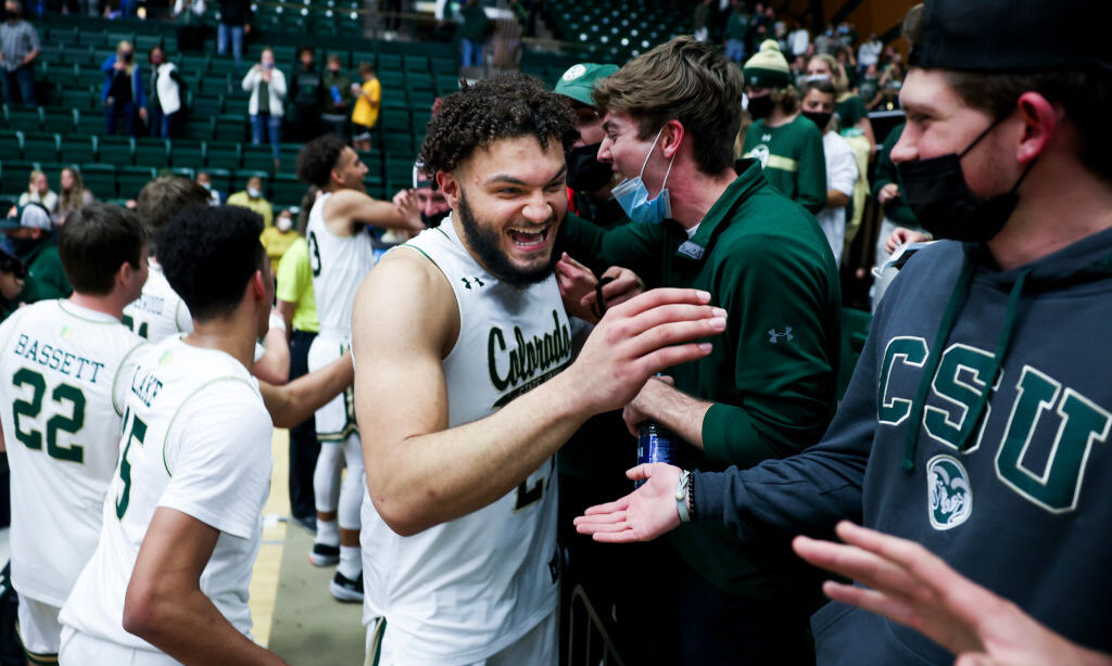 FORT COLLINS, CO - NOVEMBER 09: David Roddy #21 of the Colorado State Rams celebrates with fans aft...
