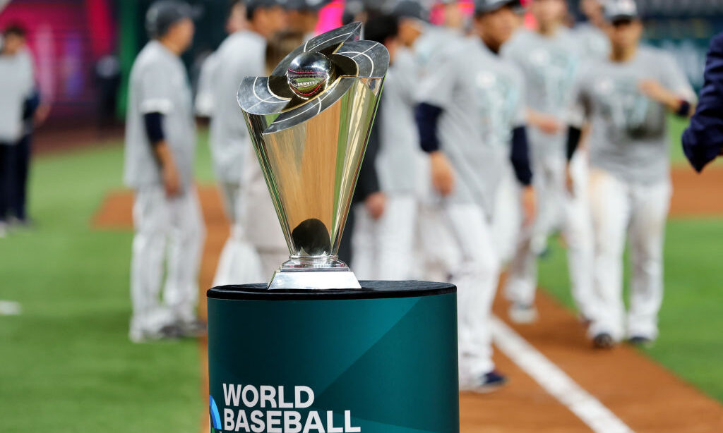 MIAMI, FLORIDA - MARCH 21: A general view of the trophy after Team Japan defeated Team USA 3-2 duri...