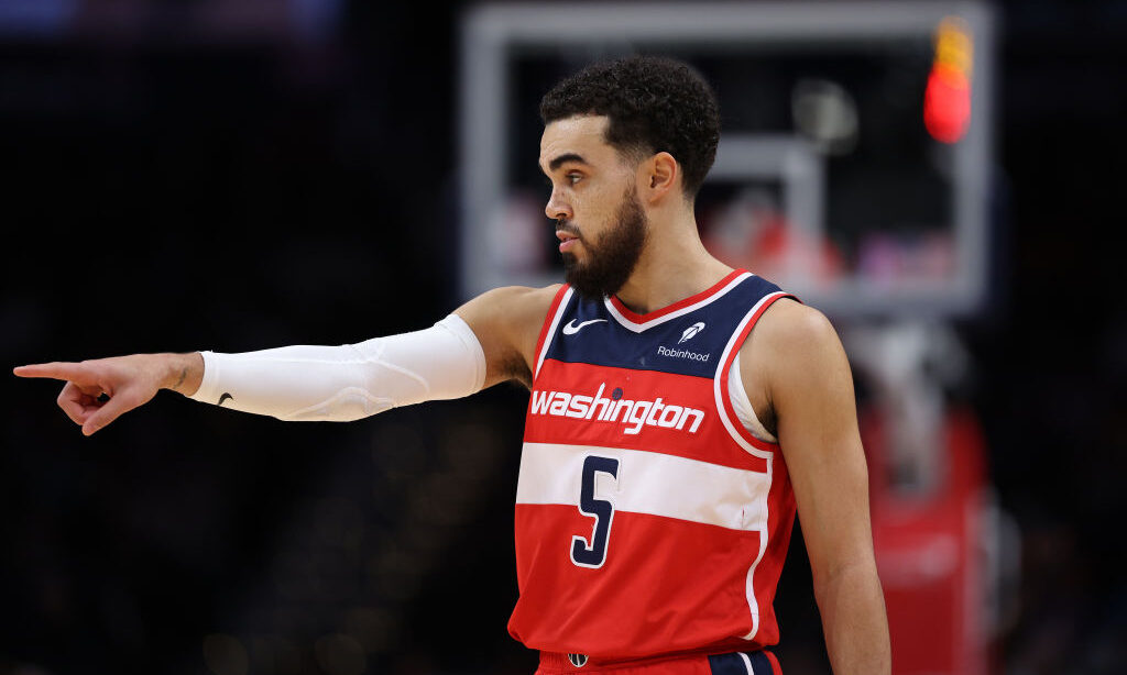 WASHINGTON, DC - JANUARY 21: Tyus Jones #5 of the Washington Wizards looks on against the Denver Nu...