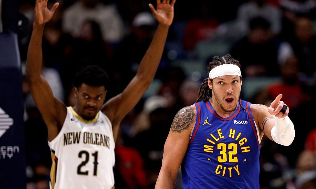 NEW ORLEANS, LOUISIANA - JANUARY 13: Aaron Gordon #32 of the Denver Nuggets reacts after being foul...
