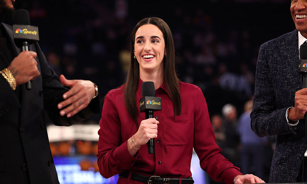 NEW YORK, NEW YORK - FEBRUARY 01: Caitlin Clark talks on stage as she joins NBC’s Sunday Night Ba...