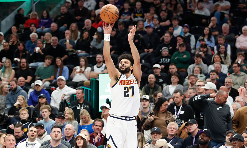 SALT LAKE CITY, UT - MARCH 2: Jamal Murray #27 of the Denver Nuggets shoots a three-point shot duri...
