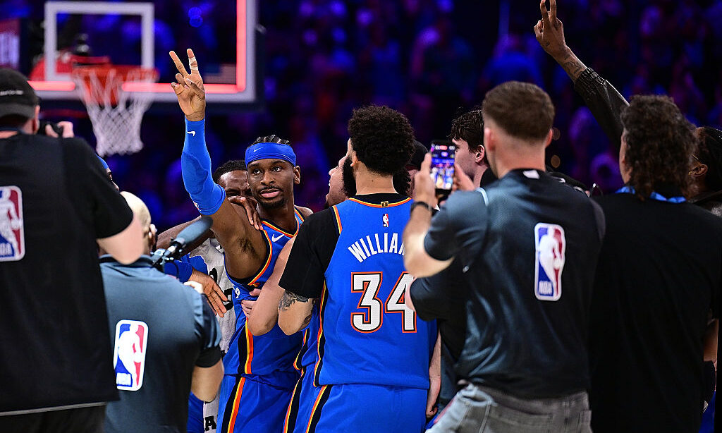 OKLAHOMA CITY, OKLAHOMA - MARCH 9: Shai Gilgeous-Alexander #2 of the Oklahoma City Thunder celebrat...