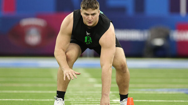 INDIANAPOLIS, INDIANA - MARCH 01: Kage Casey of the Boise State Broncos participates in a drill during the 2026 NFL Scouting Combine at Lucas Oil Stadium on March 01, 2026 in Indianapolis, Indiana.