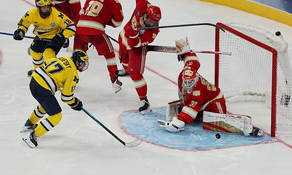 LAS VEGAS, NEVADA - APRIL 09: Johnny Hicks #31 of the Denver Pioneers makes a save against Garrett ...