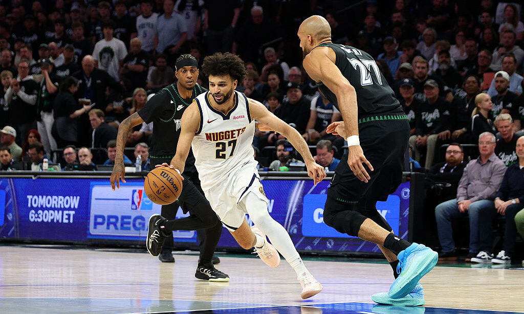 MINNEAPOLIS, MINNESOTA - APRIL 23: Jamal Murray #27 of the Denver Nuggets goes to the basket agains...