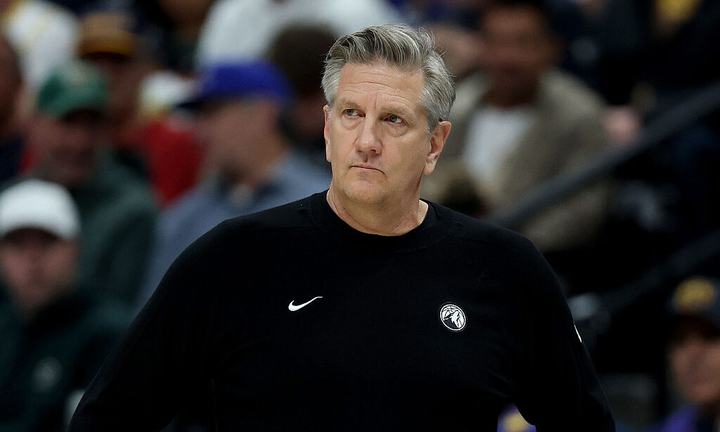 DENVER, COLORADO - APRIL 27: Head coach Chris Finch of the Minnesota Timberwolves looks on during t...