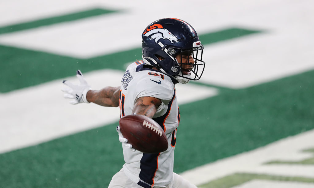 EAST RUTHERFORD, NEW JERSEY - OCTOBER 01: Tim Patrick #81 of the Denver Broncos celebrates a touchd...