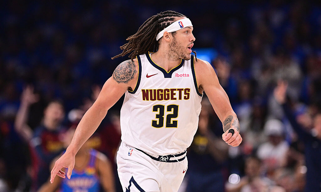 OKLAHOMA CITY, OKLAHOMA - MAY 18: Aaron Gordon #32 of the Denver Nuggets runs down the floor during...