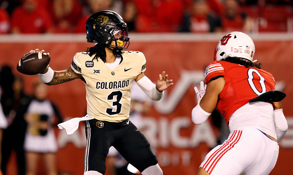 SALT LAKE CITY, UT - OCTOBER 25: Kaidon Salter #3 of the Colorado Buffaloes drops back to pass unde...