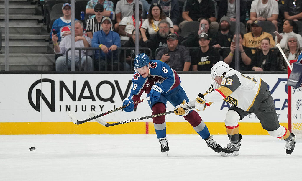 LAS VEGAS, NEVADA - OCTOBER 31: Cale Makar #8 of the Colorado Avalanche scores an empty-goal Mitch ...