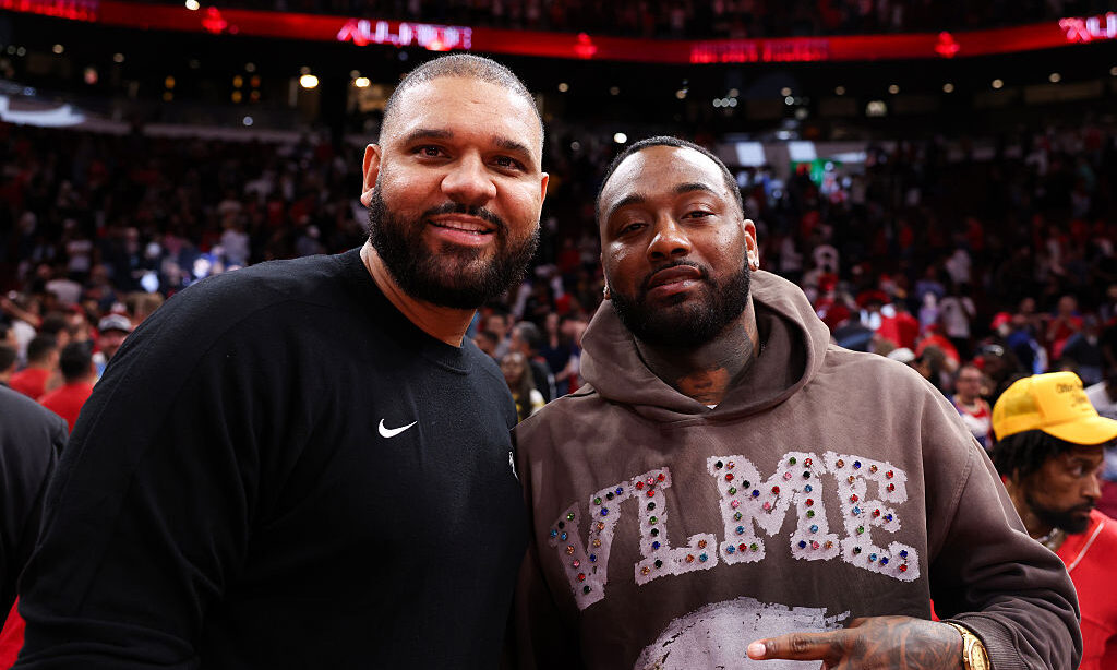 HOUSTON, TEXAS - NOVEMBER 21: Assistant coach Jared Dudley of the Denver Nuggets and John Wall pose...