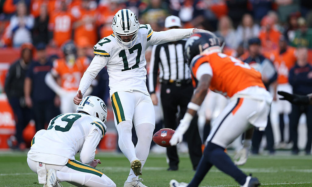 DENVER, COLORADO - DECEMBER 14: Brandon McManus #17 of the Green Bay Packers kicks a field goal aga...