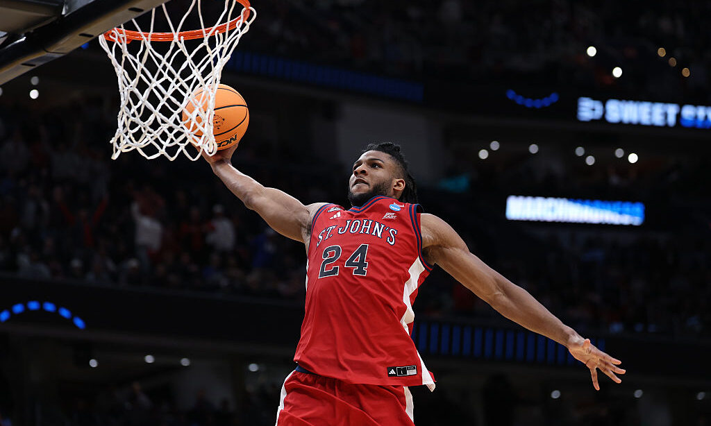 WASHINGTON, DC - MARCH 27: Zuby Ejiofor #24 of the St. John's Red Storm slam dunks against the Duke...