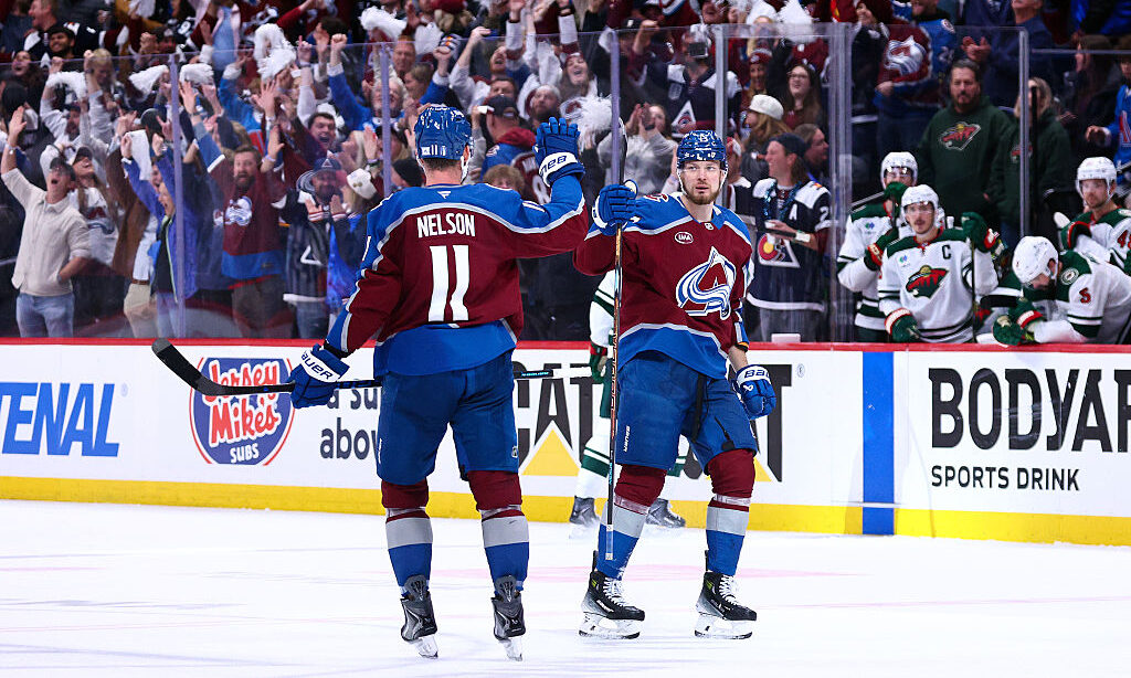 DENVER, COLORADO - MAY 05: Brock Nelson #11 and Valeri Nichushkin #13 of the Colorado Avalanche cel...