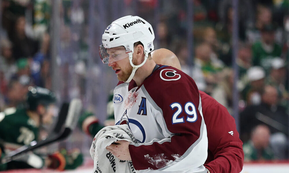 ST PAUL, MINNESOTA - MAY 11: Nathan MacKinnon #29 of the Colorado Avalanche leaves the ice after a ...