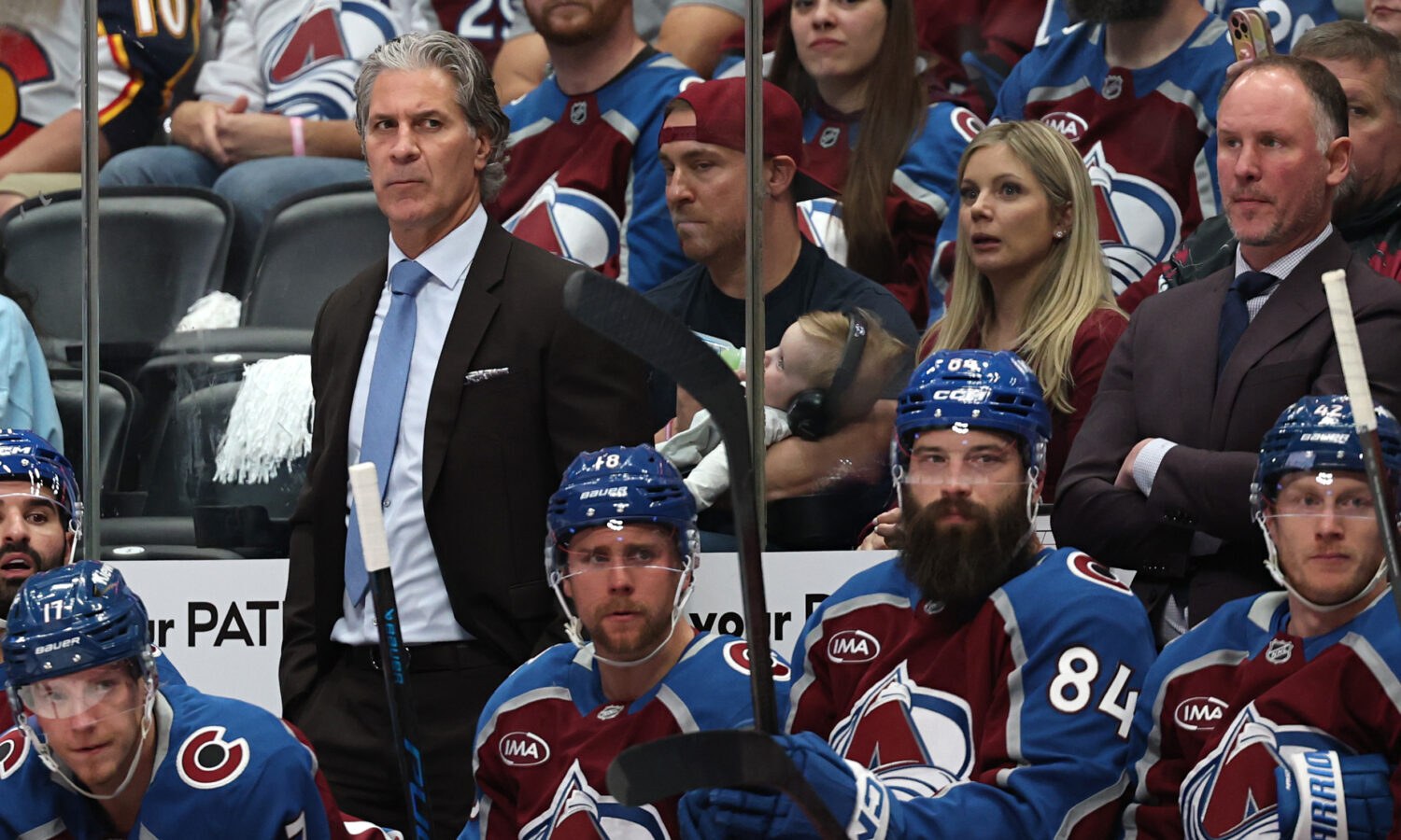 DENVER, COLORADO - MAY 13: Head coach Jared Bednar of the Colorado Avalanche looks on against the M...