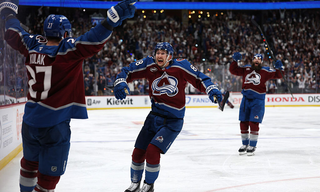 DENVER, COLORADO - MAY 13: Martin Necas #88 of the Colorado Avalanche celebrates the game winning g...