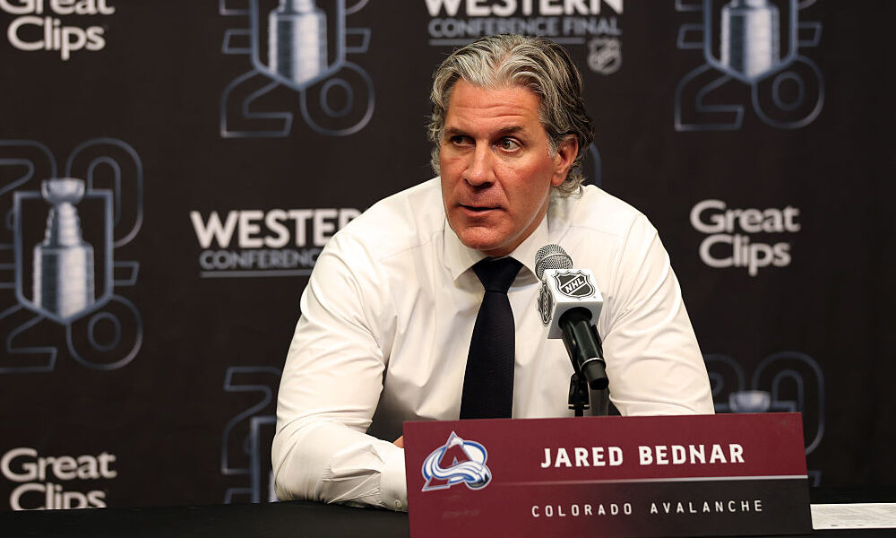 LAS VEGAS, NEVADA - MAY 26: Head coach Jared Bednar of the Colorado Avalanche speaks to the media a...