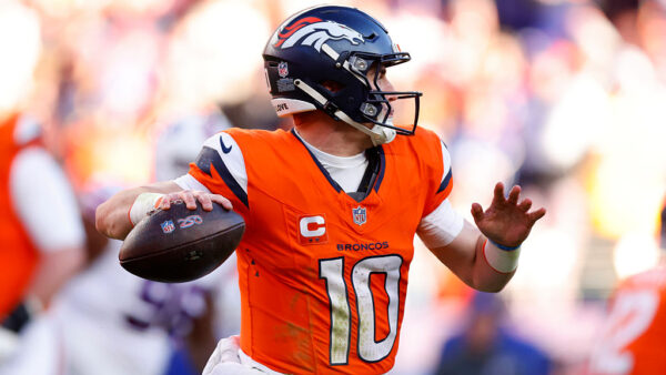 DENVER, COLORADO - JANUARY 17: Bo Nix #10 of the Denver Broncos looks to throw a pass against the Buffalo Bills during the second quarter in the AFC Divisional Playoff game at Empower Field At Mile High on January 17, 2026 in Denver, Colorado.