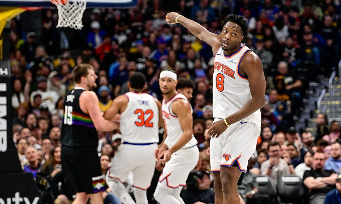 DENVER, COLORADO - MARCH 6: Og Anunoby #8 of the New York Knicks celebrates after a made 3-point ba...