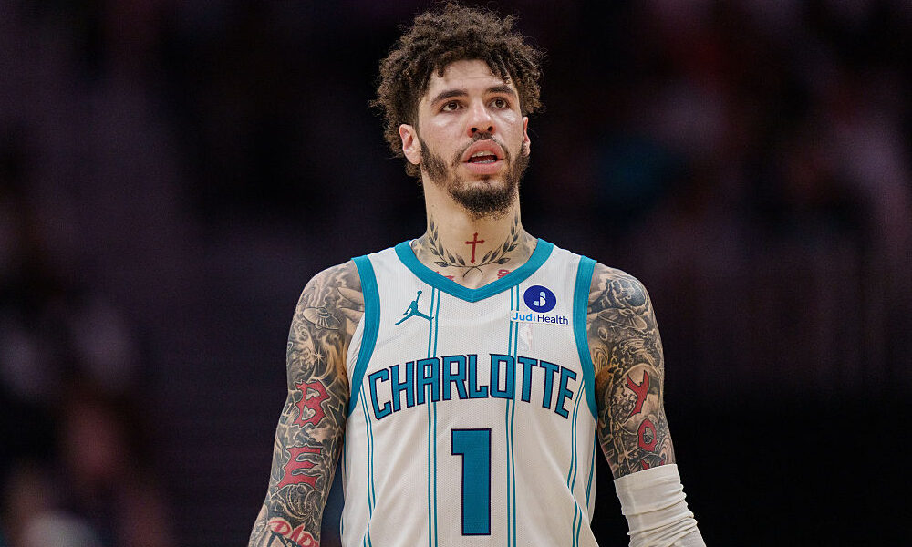 CHARLOTTE, NORTH CAROLINA - APRIL 14: LaMelo Ball #1 of the Charlotte Hornets plays against the Mia...