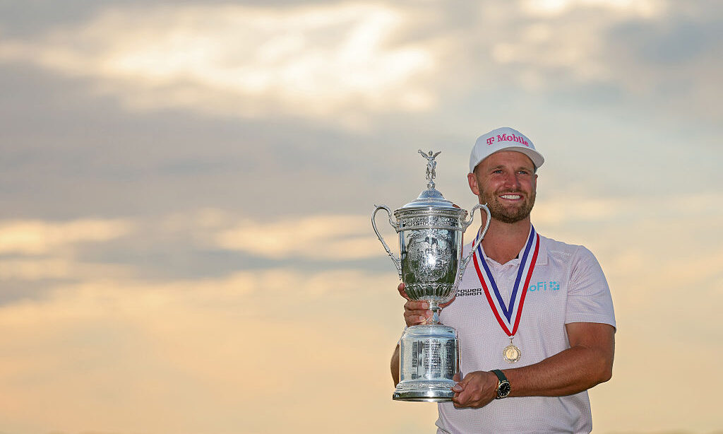 SOUTHAMPTON, NEW YORK - JUNE 21: Wyndham Clark of the United States poses with the U.S. Open Champi...
