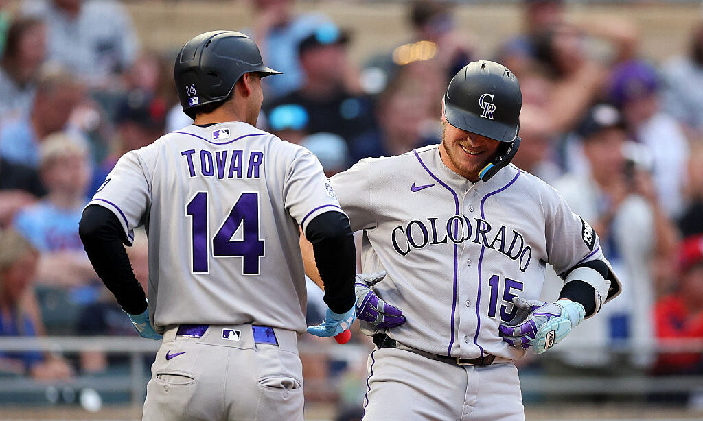 MINNEAPOLIS, MINNESOTA - JUNE 27: Hunter Goodman #15 of the Colorado Rockies celebrates his three-r...