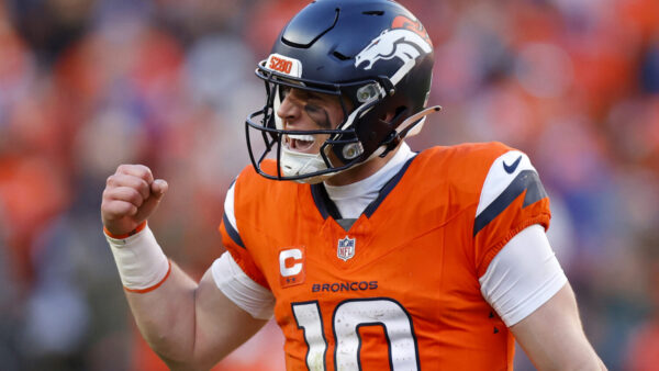 DENVER, COLORADO - JANUARY 17: Bo Nix #10 of the Denver Broncos celebrates a play against the Buffalo Bills during the second quarter in the AFC Divisional Playoff game at Empower Field At Mile High on January 17, 2026 in Denver, Colorado.