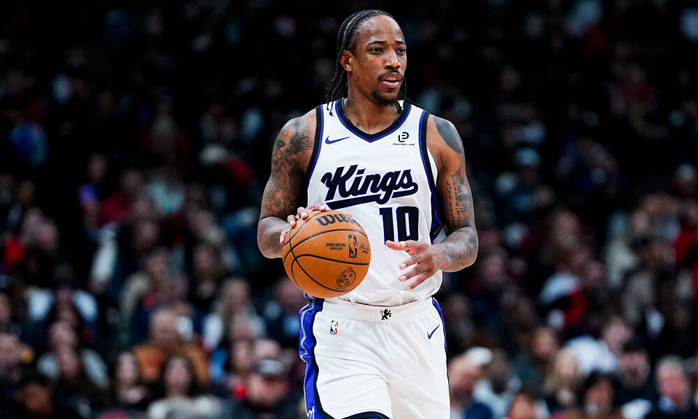 TORONTO, CANADA - APRIL 1: DeMar DeRozan #10 of the Sacramento Kings dribbles against the Toronto Raptors during the first half in their NBA game at Scotiabank Arena on April 1, 2026 in Toronto, Ontario, Canada. NOTE TO USER: User expressly acknowledges and agrees that, by downloading and/or using this Photograph, user is consenting to the terms and conditions of the Getty Images License Agreement.
