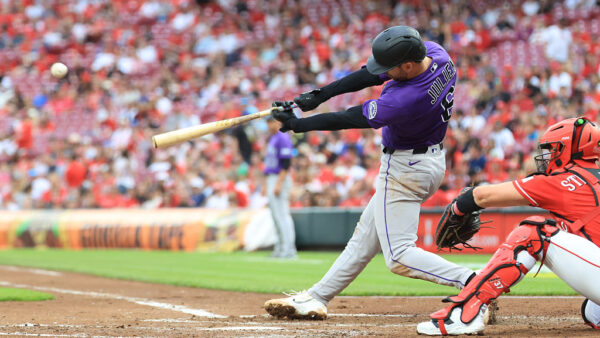 CINCINNATI, OHIO - APRIL 28: Edouard Julien #6 of the Colorado Rockies hits a home run during the third inning against the Cincinnati Reds at Great American Ball Park on April 28, 2026 in Cincinnati, Ohio.