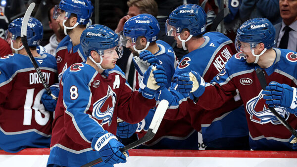 DENVER, COLORADO - MAY 03: Cale Makar #8 of the Colorado Avalanche celebrates a third period goal with teammates against the Minnesota Wild in Game One of the Second Round of the 2026 Stanley Cup Playoffs at Ball Arena on May 03, 2026 in Denver, Colorado.