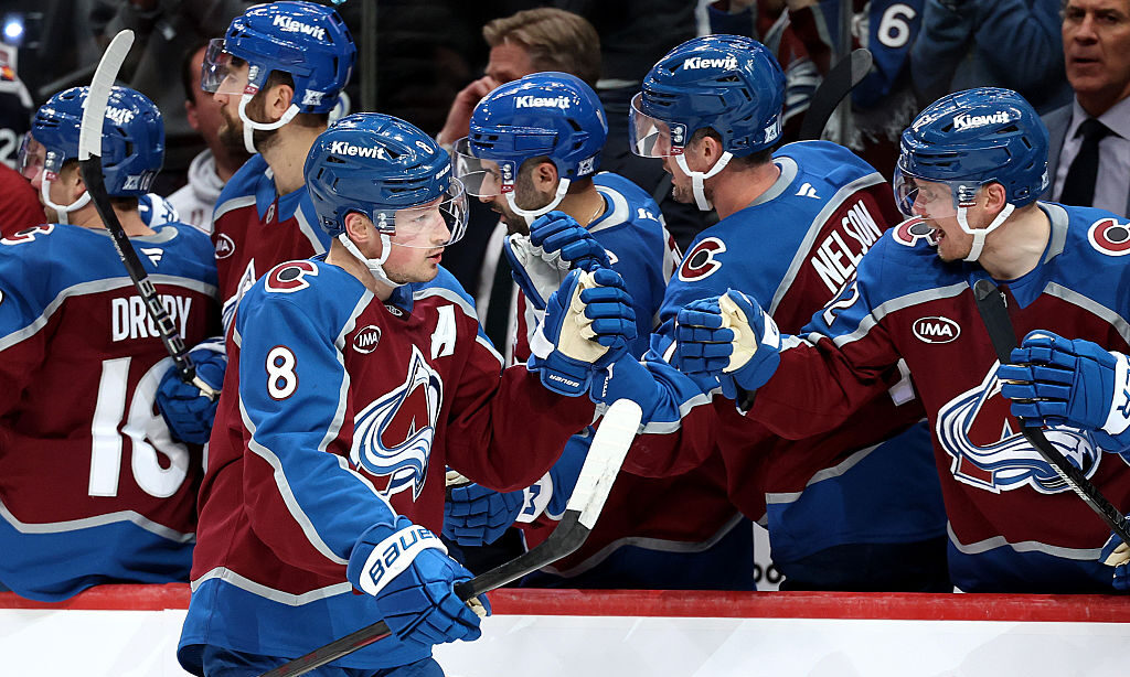 DENVER, COLORADO - MAY 03: Cale Makar #8 of the Colorado Avalanche celebrates a third period goal w...