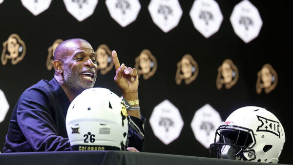 FRISCO, TEXAS - JULY 07: Head coach Deion Sanders of the Colorado Buffaloes speaks with the media during the Big 12 Media Days at The Ford Center at The Star on July 07, 2026 in Frisco, Texas.