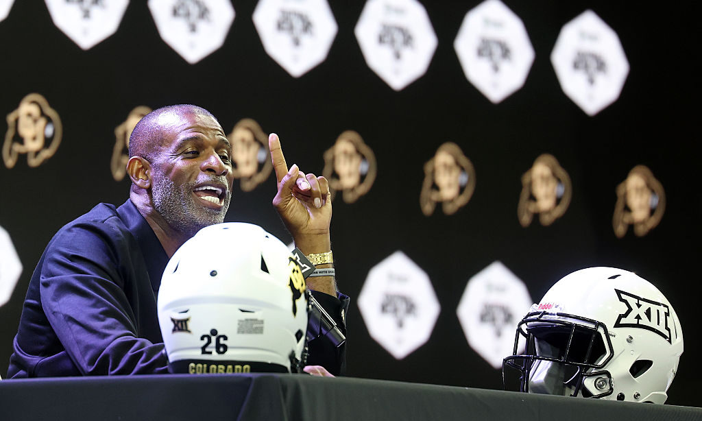 FRISCO, TEXAS - JULY 07: Head coach Deion Sanders of the Colorado Buffaloes speaks with the media d...