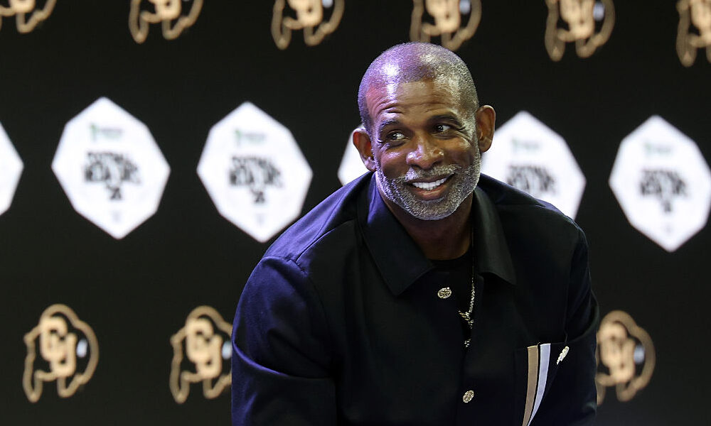 FRISCO, TEXAS - JULY 07: Head coach Deion Sanders of the Colorado Buffaloes speaks with the media d...