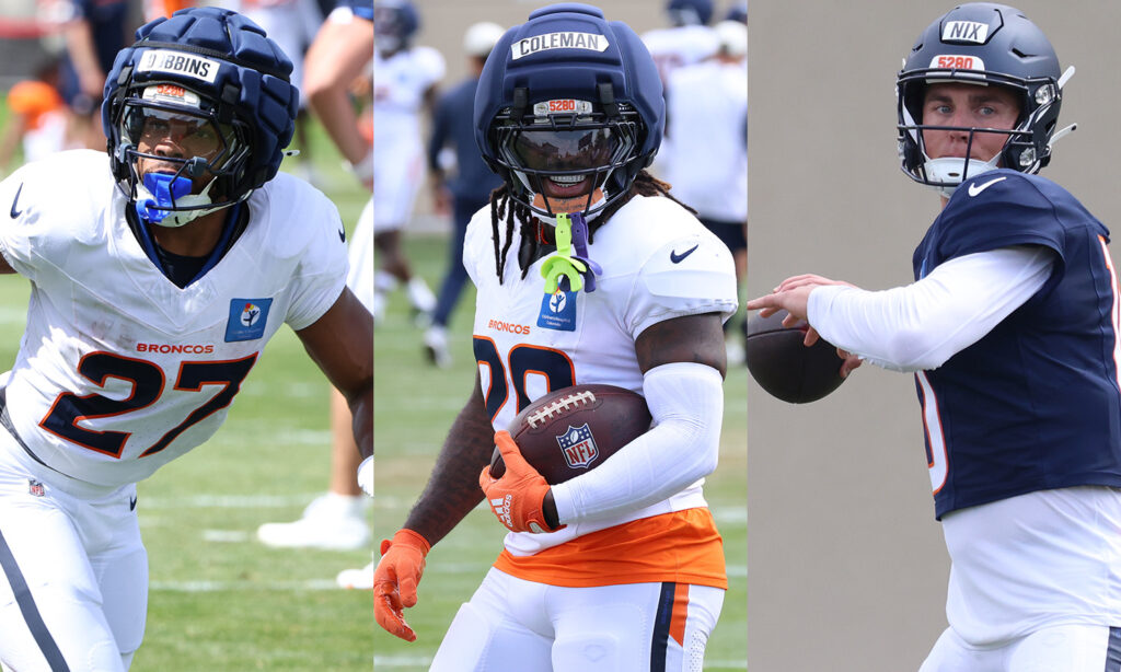 Broncos players J.K. Dobbins, Jonah Coleman and Bo Nix