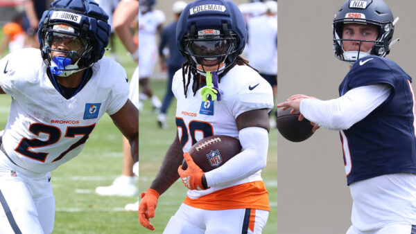 Broncos players J.K. Dobbins, Jonah Coleman and Bo Nix