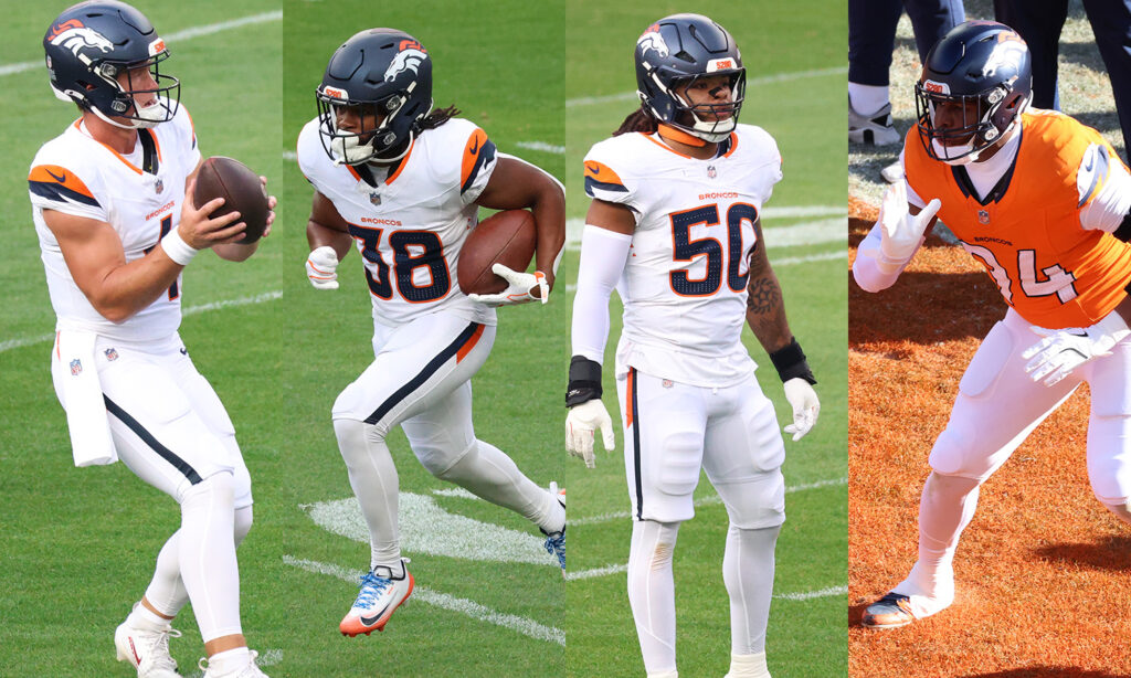 Broncos players Sam Ehlinger, Jaleel McLaughlin, Red Murdock and Jordan Jackson